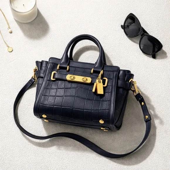 Coach Swagger Croc Embossed Leather Satchel Bag37997 Midnight Blue Gold Hardware - Picture 3 of 10